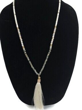 Stella & Dot Puka Shell, Bead & Stone w/Gold Long Tassel Bohemian Necklace